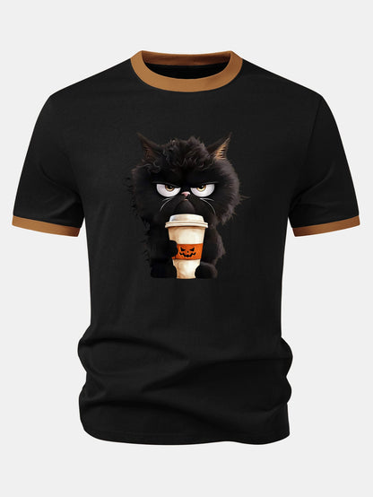 Camiseta Ringer Contrastante com Estampa de Gato Preto, Café e Halloween