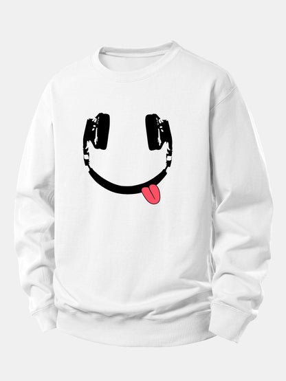 Moletom de caimento confortável com estampa de carinha sorridente usando fones de ouvido