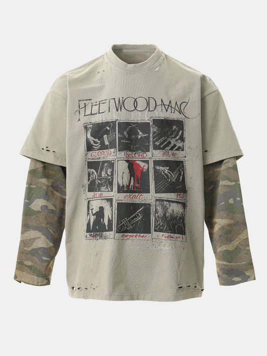 Camiseta 2 em 1 com Estampa Rock Rasgada e Camuflada