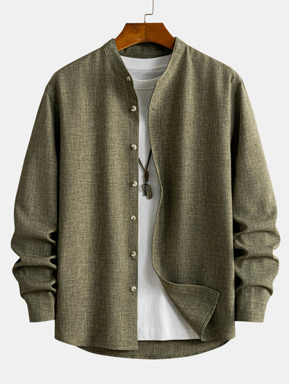 Linen-Look Grandad Collar Long Sleeve Shirt