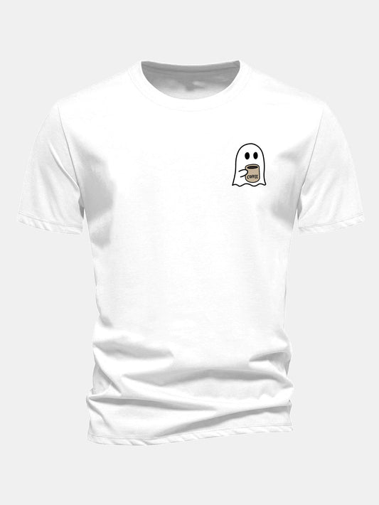 Camiseta de algodão com estampa de fantasma tomando café e caimento regular