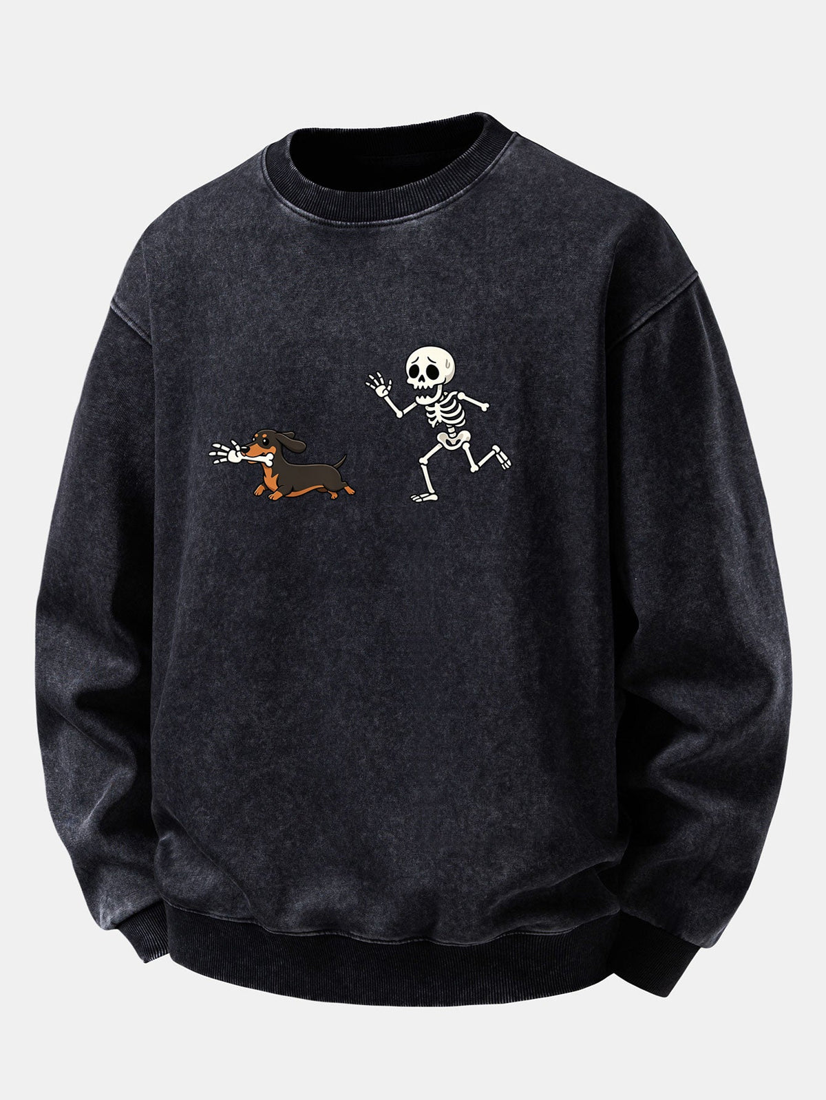 Skeleton & Dachshund Print Washed Distressed Sweatshirt
