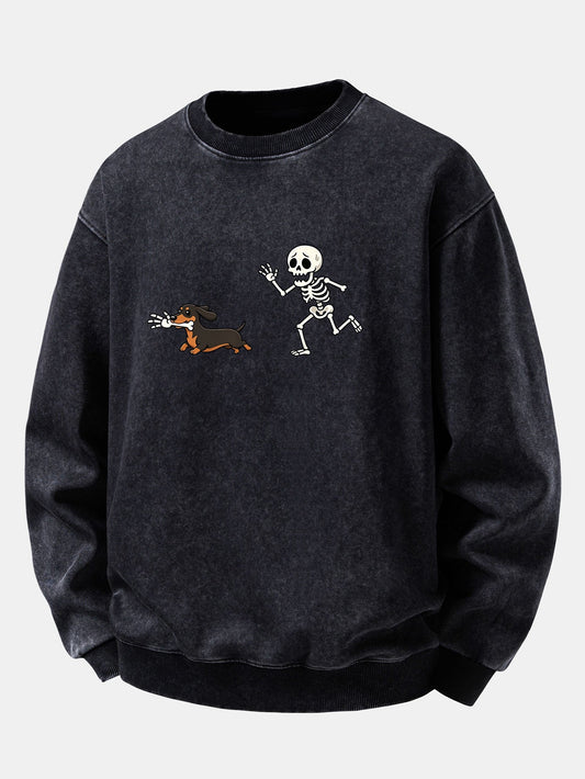 Skeleton & Dachshund Print Washed Distressed Sweatshirt