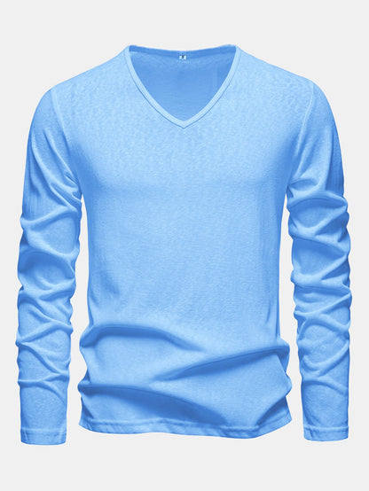 Lightweight Linen-Look V-Neck Long Sleeve T-Shirt