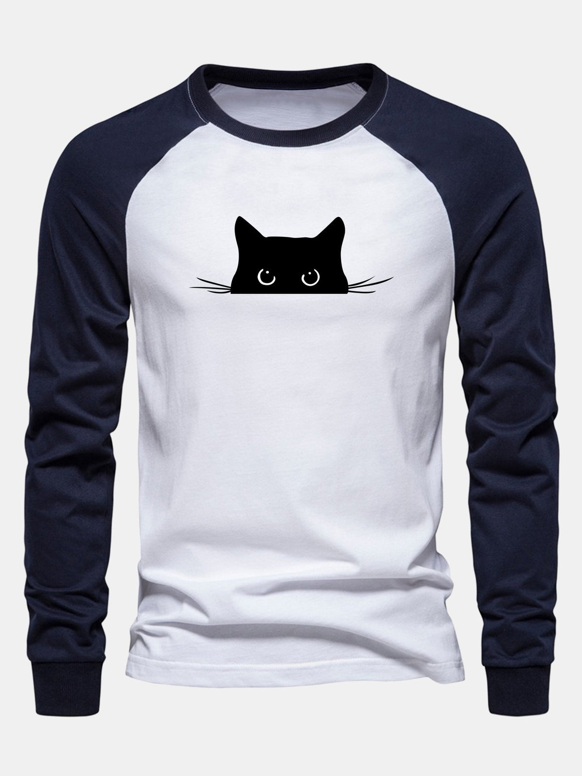 Black Cat Print Raglan Long Sleeve Cotton T-Shirt