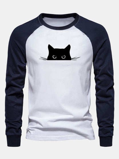 Black Cat Print Raglan Long Sleeve Cotton T-Shirt