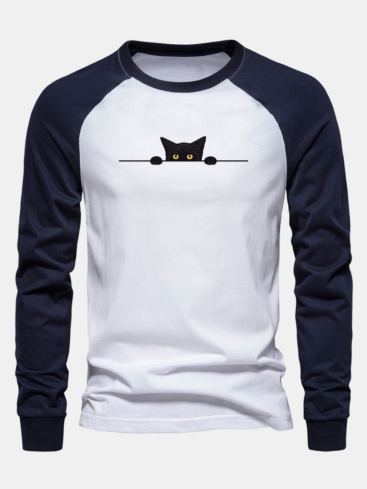 Black Cat Print Raglan Long Sleeve Cotton T-Shirt