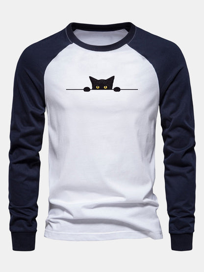 Black Cat Print Raglan Long Sleeve Cotton T-Shirt