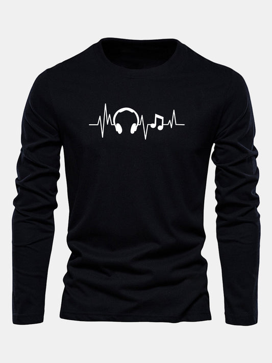 Camiseta de algodão com mangas longas e estampa de batimentos cardíacos musicais