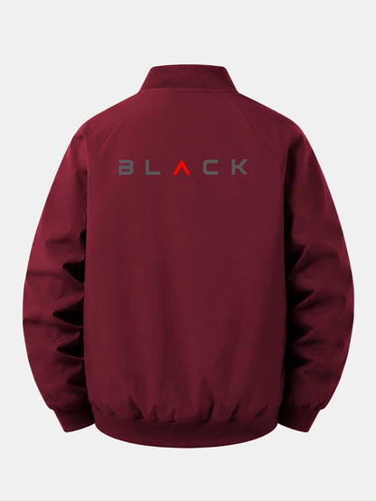 Jaqueta bomber preta estampada, de corte confortável e com zíper