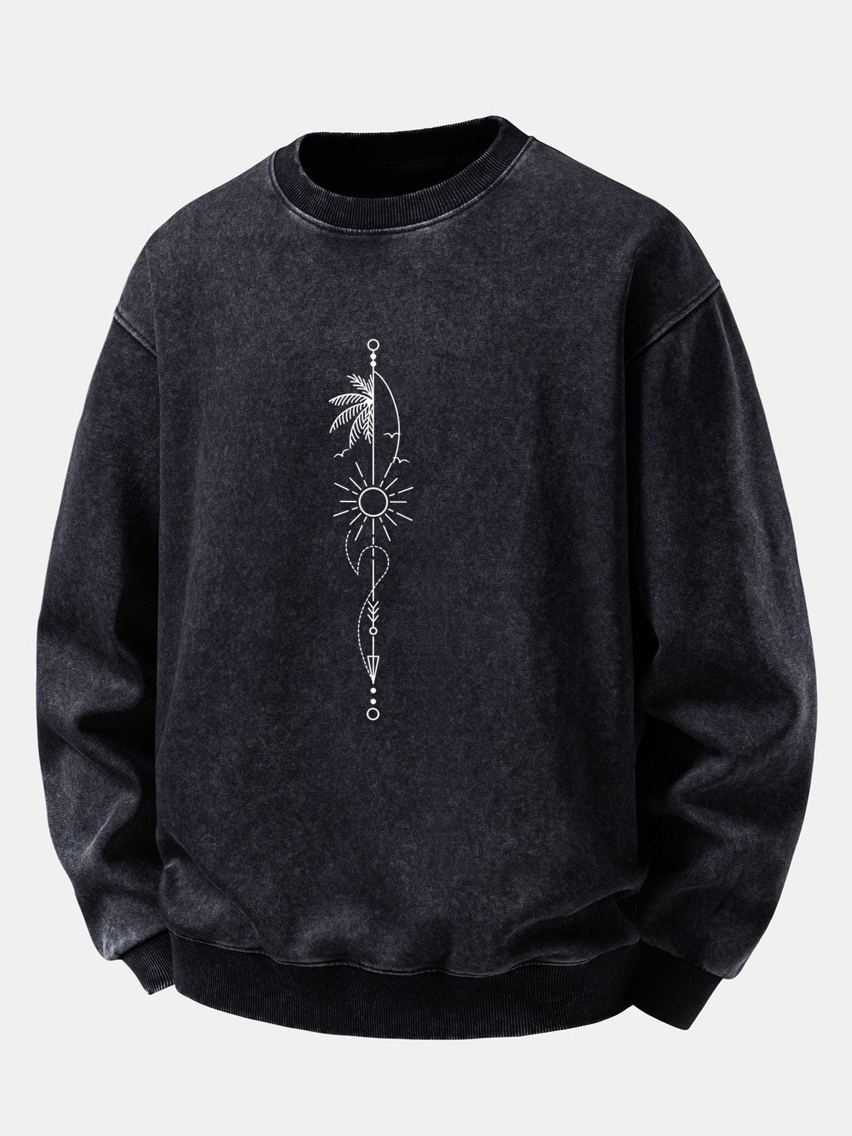 Sun, Palm & Arrow Print Washed Distressed Sweatshirt