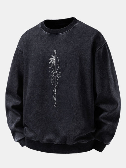 Sun, Palm & Arrow Print Washed Distressed Sweatshirt