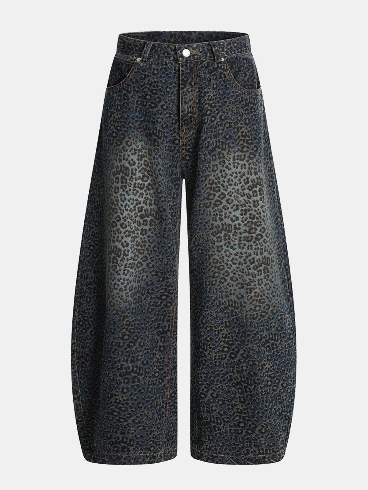 Calça Baggy de Denim com Estampa de Onça e Efeito Desgastado