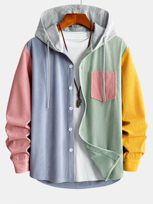Camisa de veludo cotelê com capuz e blocos de cores