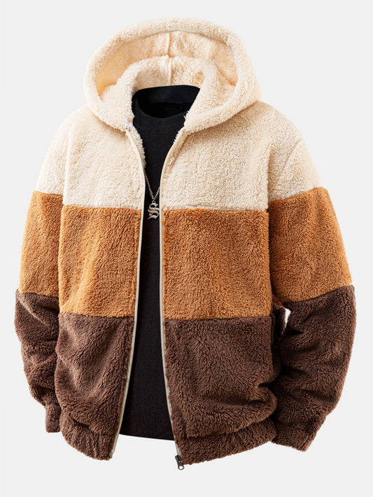Colour Block Teddy Fleece Zip Hooded Jacket