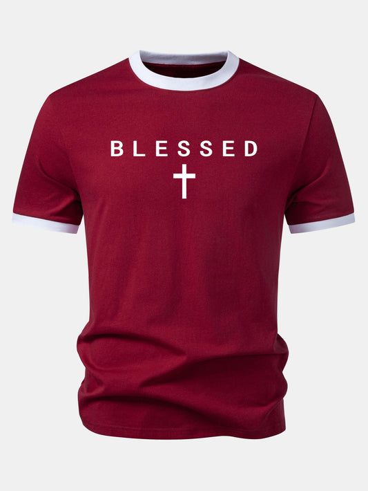 Blessed Cross Print Contrast Collar T-Shirt