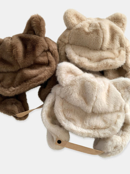 Fluffy Bear Ear Plush-Lined Trapper Hat
