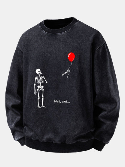 Balloon Skeleton Print Washed Distressed Sweatshirt