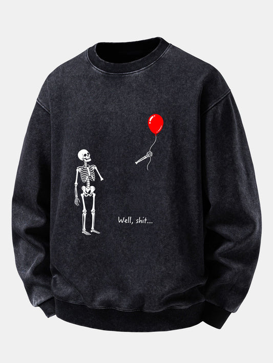 Balloon Skeleton Print Washed Distressed Sweatshirt