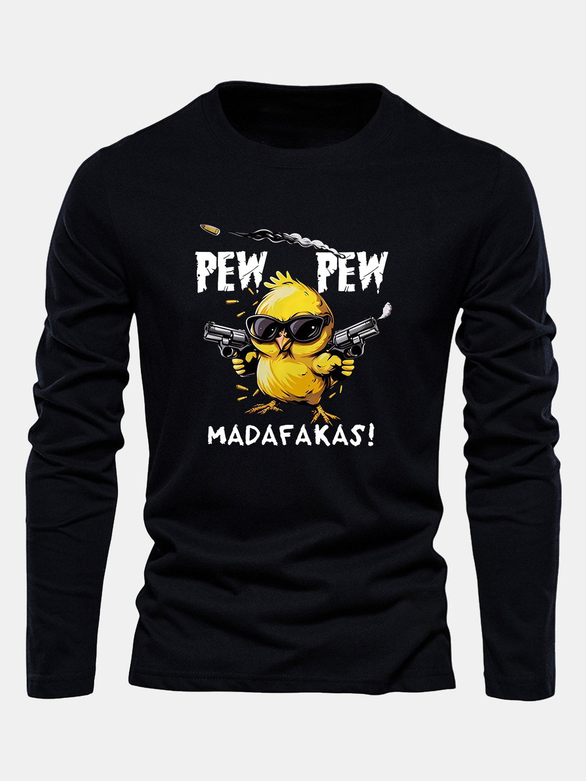 "Pew Pew" Chicken Print Long Sleeve Cotton T-Shirt