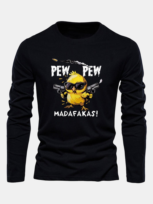 "Pew Pew" Chicken Print Long Sleeve Cotton T-Shirt