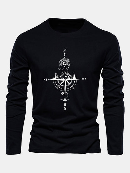 Compass & Mountain Print Long Sleeve Cotton T-Shirt