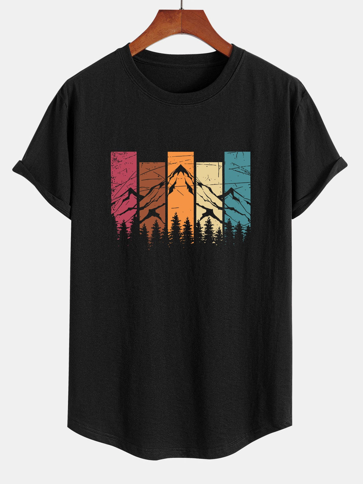 Camiseta de Algodão com Estampa Colorida de Montanha e Barra Curvada