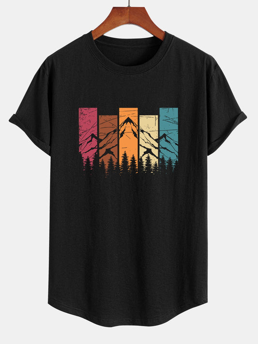 Colourful Mountain Print Curved Hem Cotton T-Shirt
