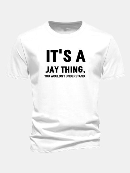 Camiseta de algodão com estampa “É Coisa do Jay” e corte regular