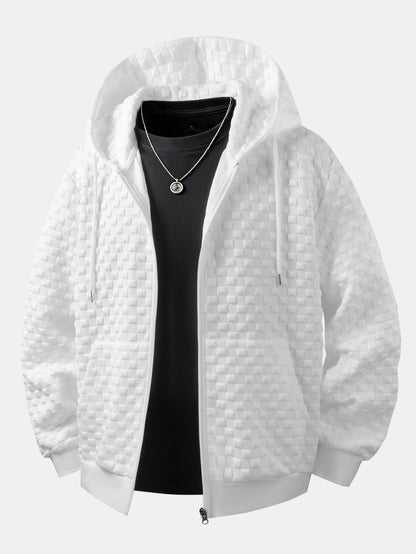 Jaqueta jacquard xadrez com capuz e zíper, corte amplo