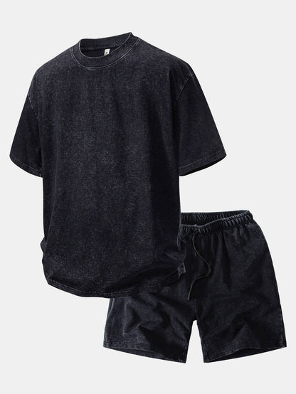 Camiseta Oversized com Ombro Caído e Efeito Desgastado Lavado & Shorts com Cordão