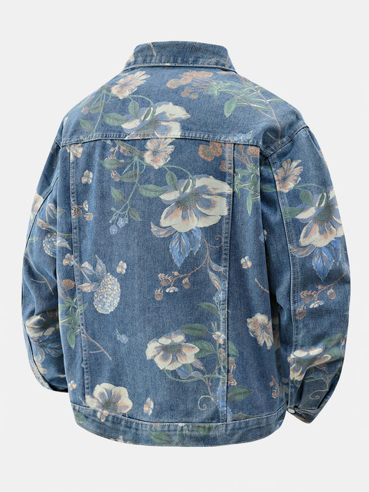 Jaqueta jeans lavada de modelagem ampla com estampa floral