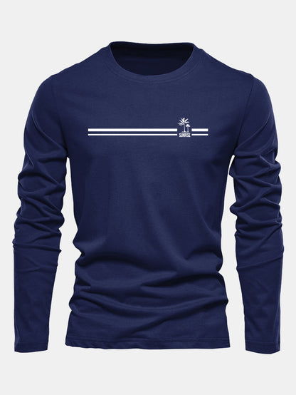 Camiseta de algodão com estampa listrada de palmeiras e mangas longas