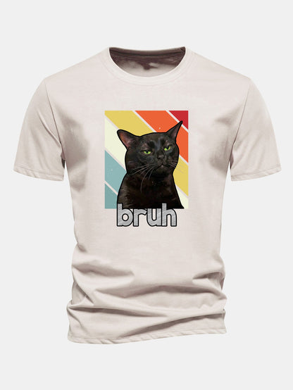 Camiseta de algodão preta com estampa de gato, corte regular, Bruh