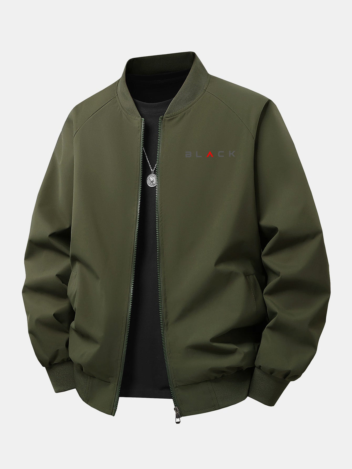 Jaqueta bomber preta estampada, de corte confortável e com zíper