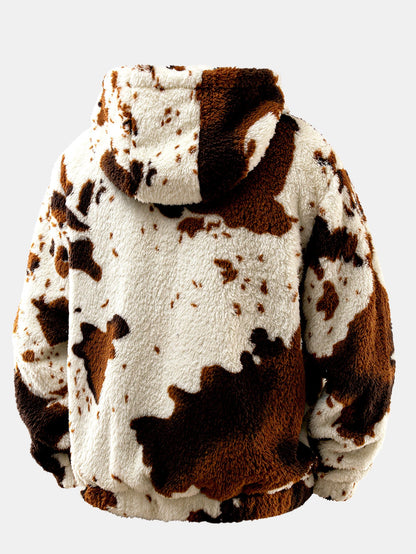 Cow Print Teddy Fleece Zip Hooded Jacket