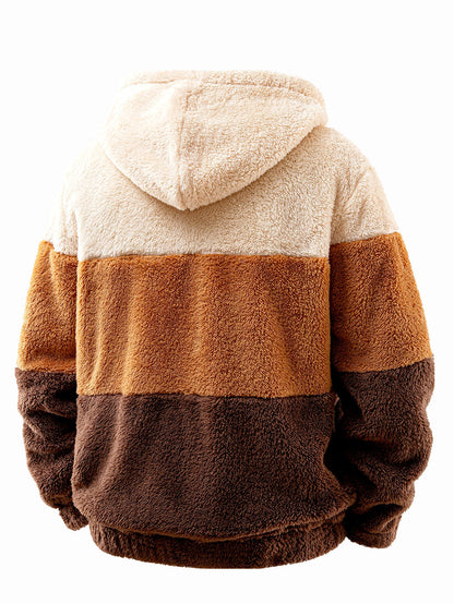 Colour Block Teddy Fleece Zip Hooded Jacket