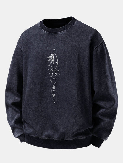 Sun, Palm & Arrow Print Washed Distressed Sweatshirt