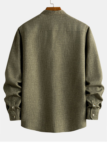 Linen-Look Grandad Collar Long Sleeve Shirt