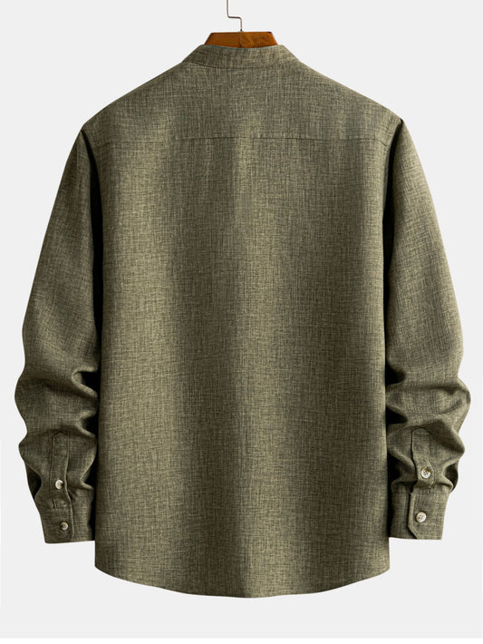 Linen-Look Grandad Collar Long Sleeve Shirt