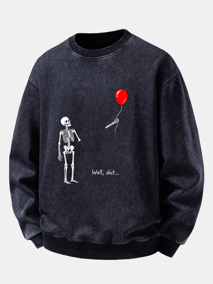 Balloon Skeleton Print Washed Distressed Sweatshirt