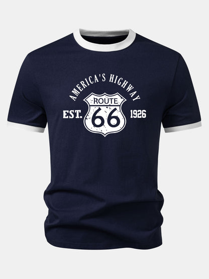 Camiseta Vintage Route 66 America's Highway com Estampa e Detalhe Contrastante