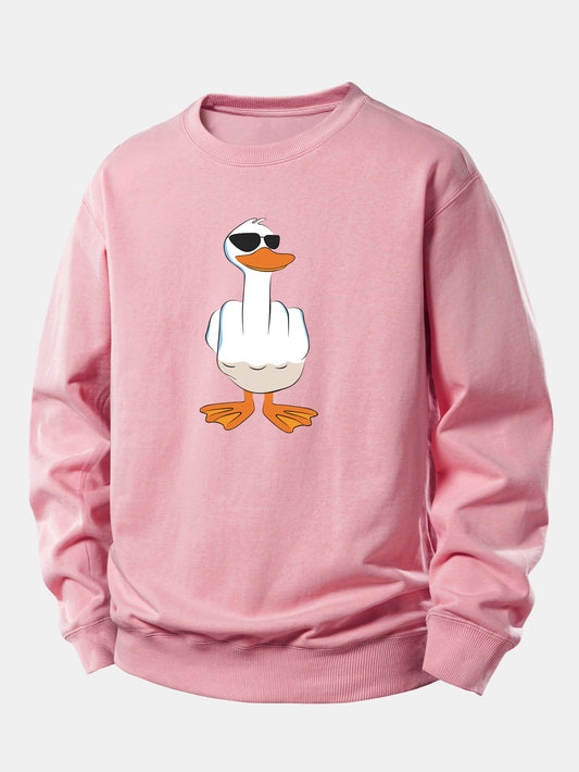Moletom de Corte Relaxado com Estampa Engraçada de Pato Mostrando o Dedo Médio