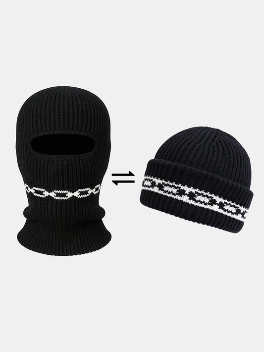 2-in-1 Jacquard Knit Chain Balaclava Beanie