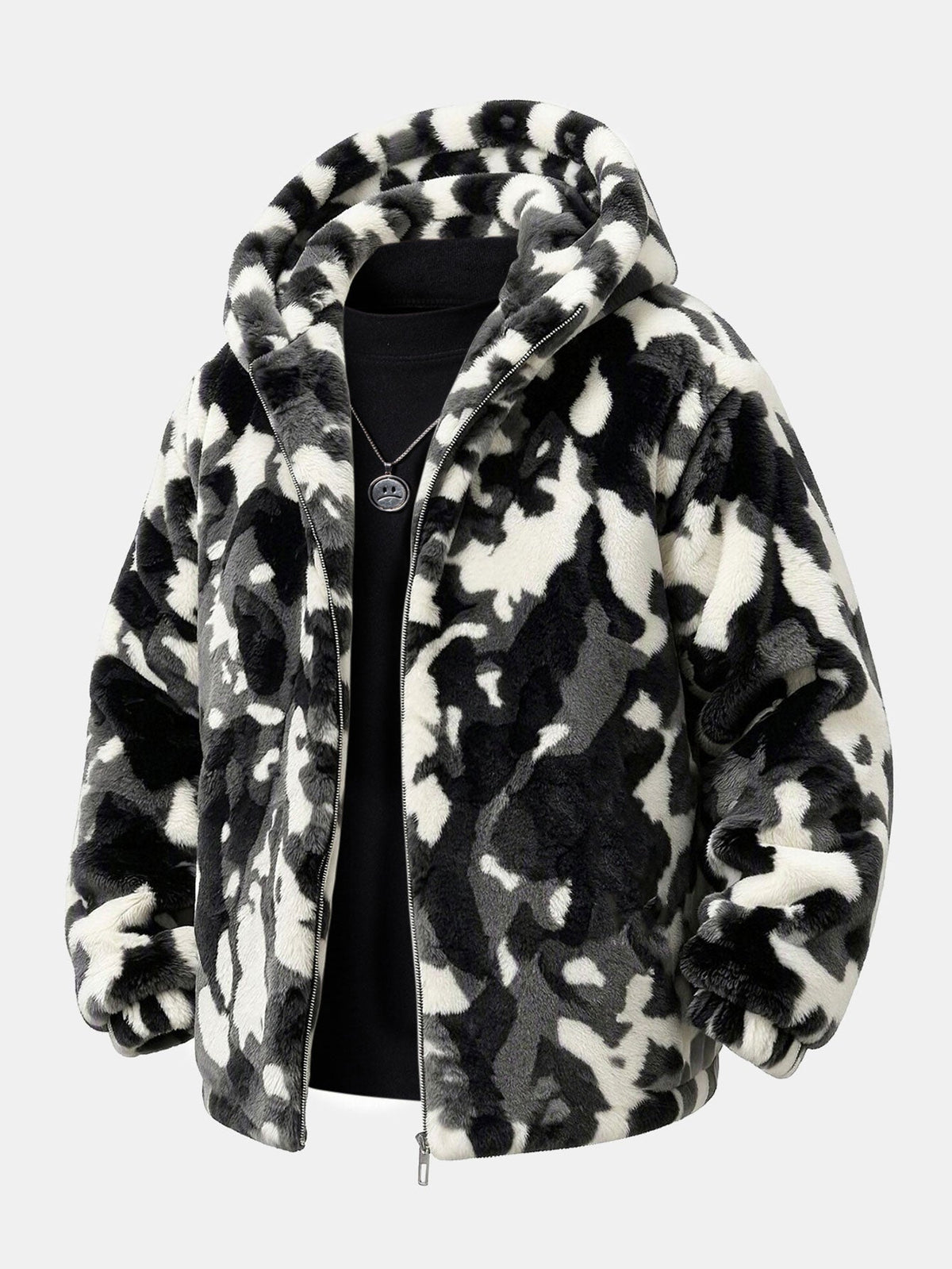Camo Faux Fur Hooded Zip Jacket