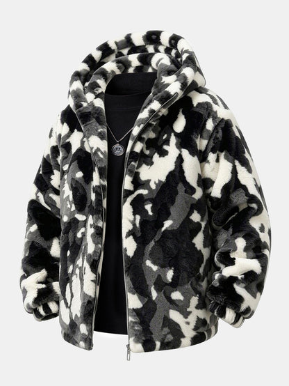 Camo Faux Fur Hooded Zip Jacket