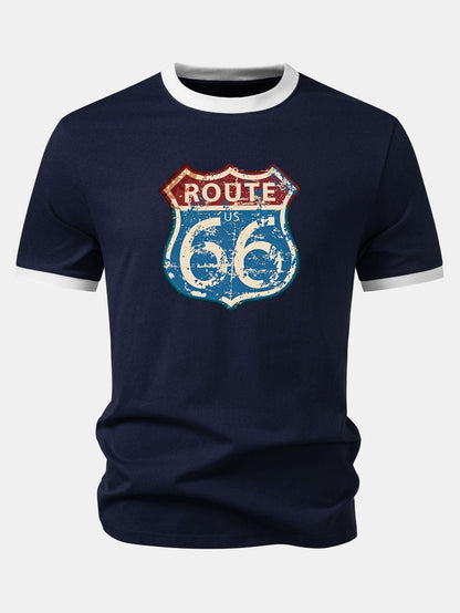 Camiseta Vintage com Estampa da Rota 66 dos EUA e Detalhe Contrastante no Gola e Mangas