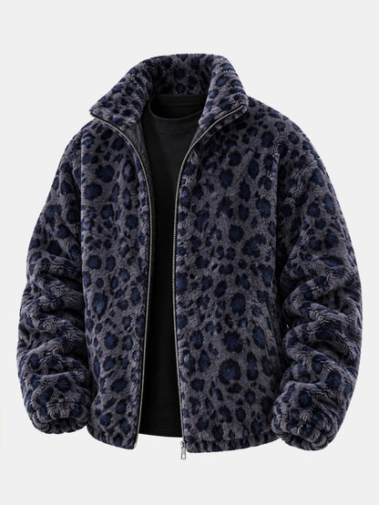 Leopard Print Faux Fur Zip Jacket