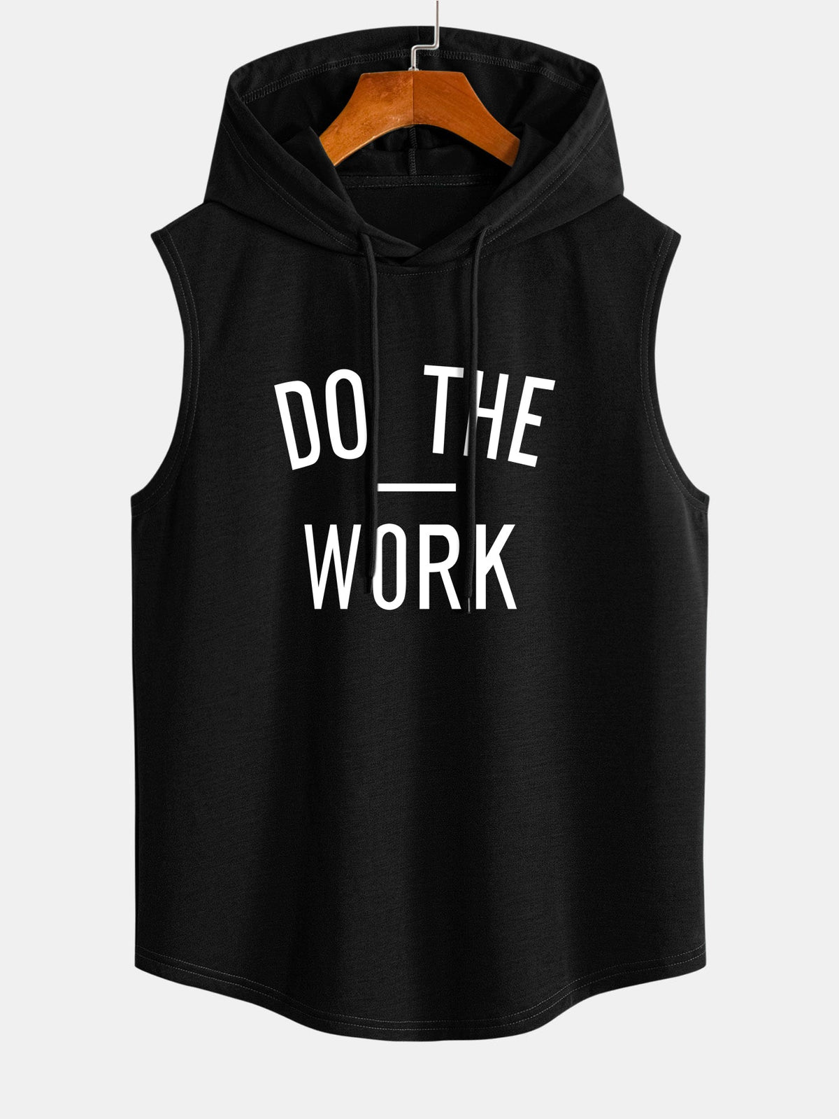 Regata com Capuz Sem Mangas, Barra Curvada e Estampa "Do The Work"