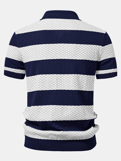 Polo de tricô texturizado listrado com decote em V